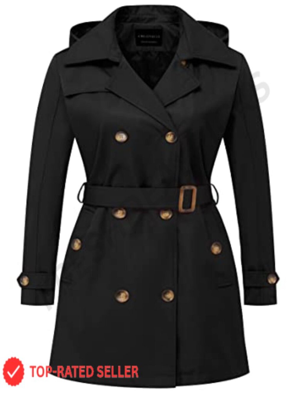 Plus Size Double-Breasted Trench Coat Belted Detachable Hood